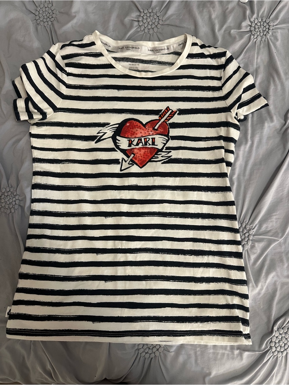 Karl Lagerfeld Black and White Striped Tee with Red Heart Patch